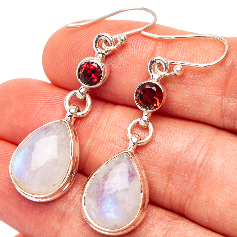 Rainbow Moonstone, Garnet Earrings 1 3/4" (.925 Sterling Silver)