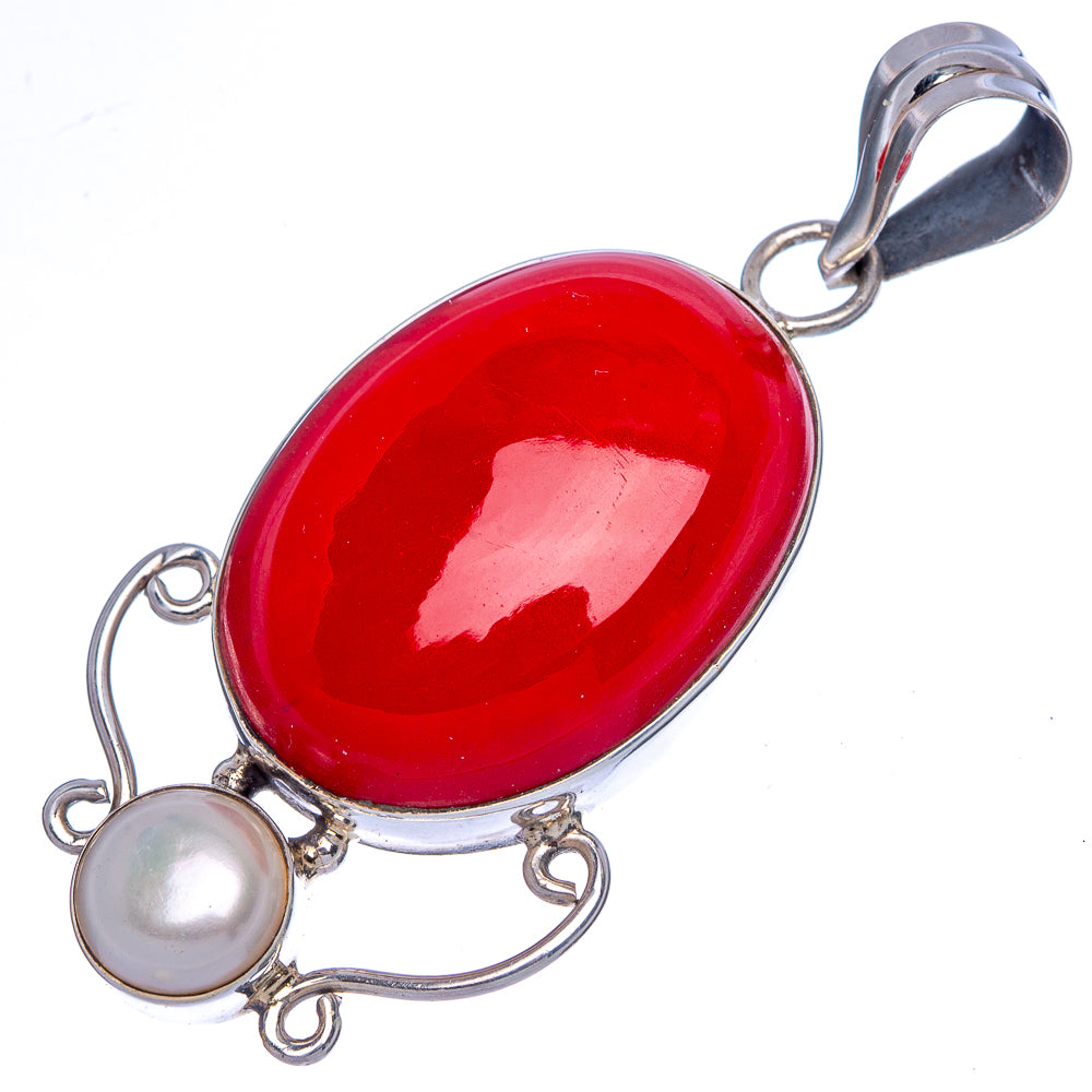 Red Onyx, Cultured Pearl Pendant 2 1/8" (925 Sterling Silver) P40037