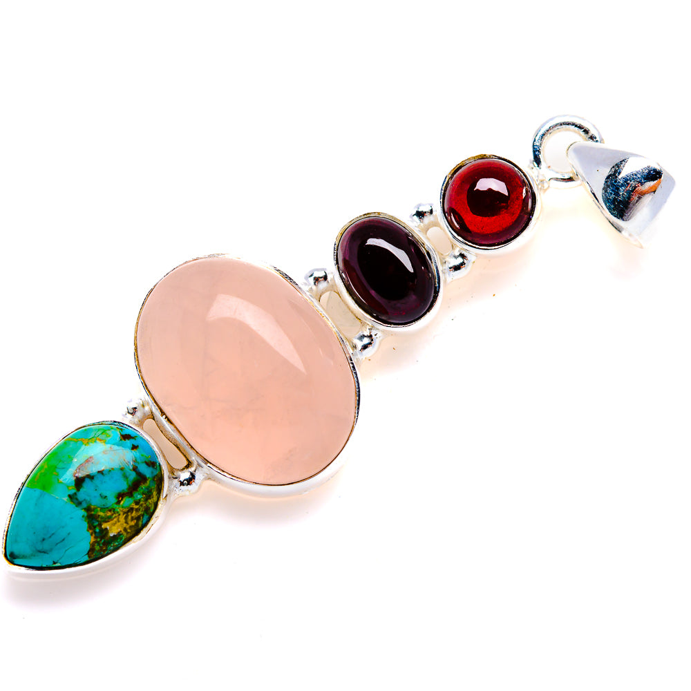 Rose Quartz, Tibetan Turquoise, Garnet Pendant 2" (925 Sterling Silver) PD38154