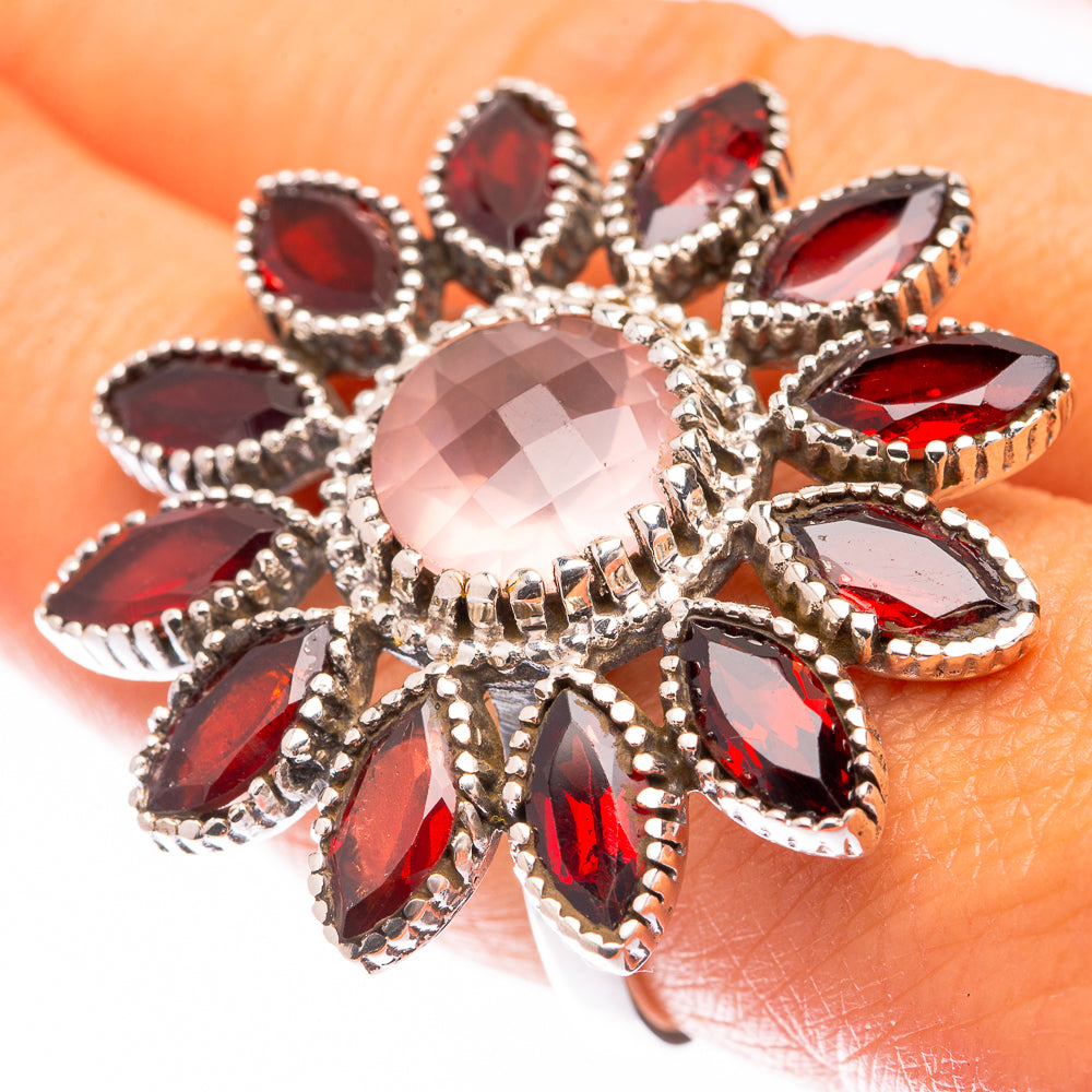 Large Rose Quartz, Garnet Ring Size 9 (925 Sterling Silver) R140855