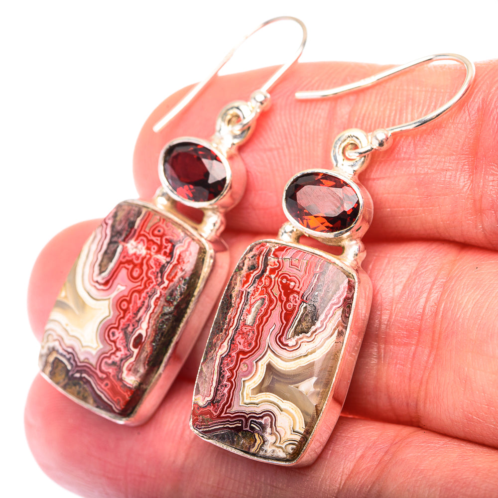 Crazy Lace Agate, Garnet Earrings 1 5/8" (925 Sterling Silver) EARR432179