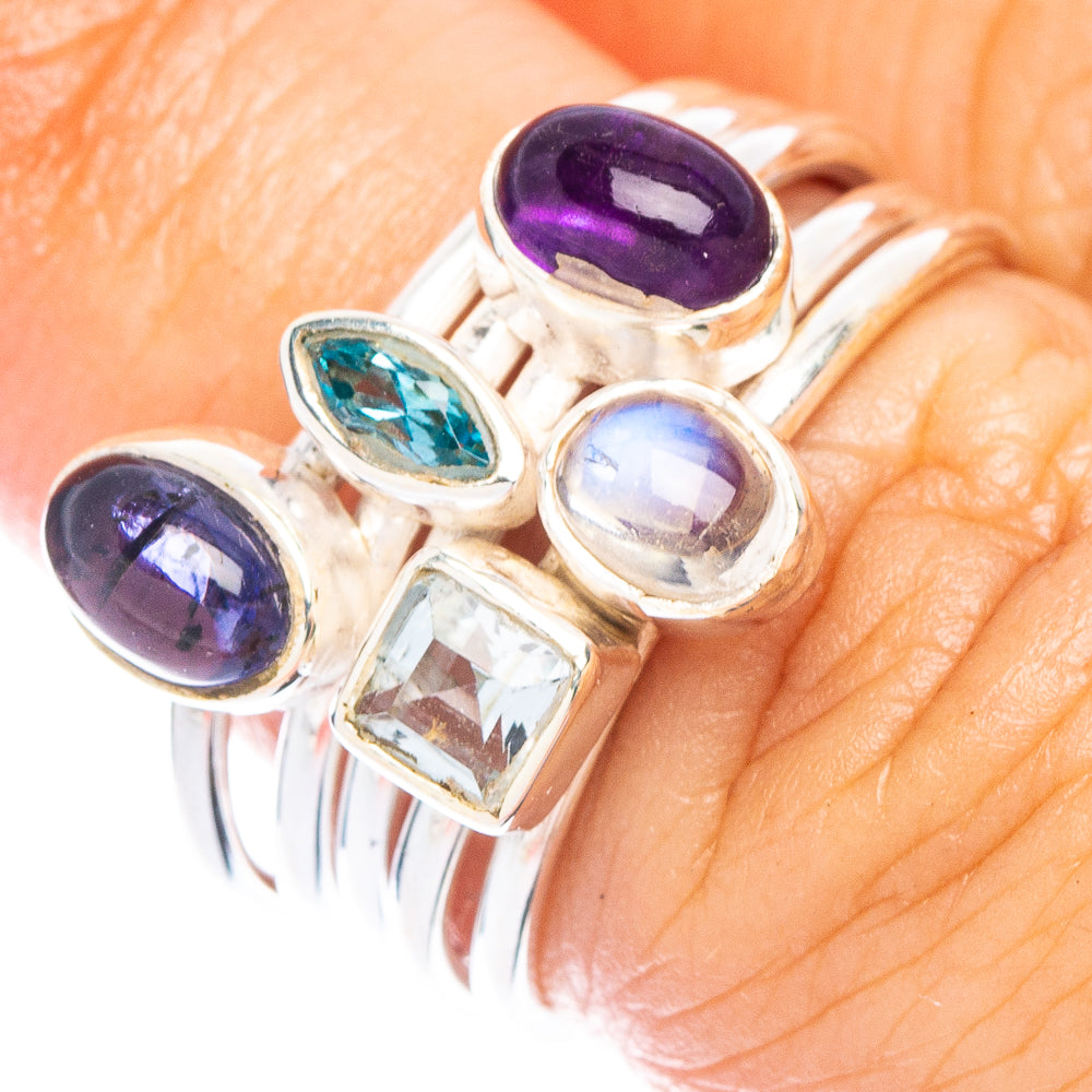 Rainbow Moonstone, Tanzanite, Amethyst, Blue Topaz Ring Size 6.25 (925 Sterling Silver) R7388