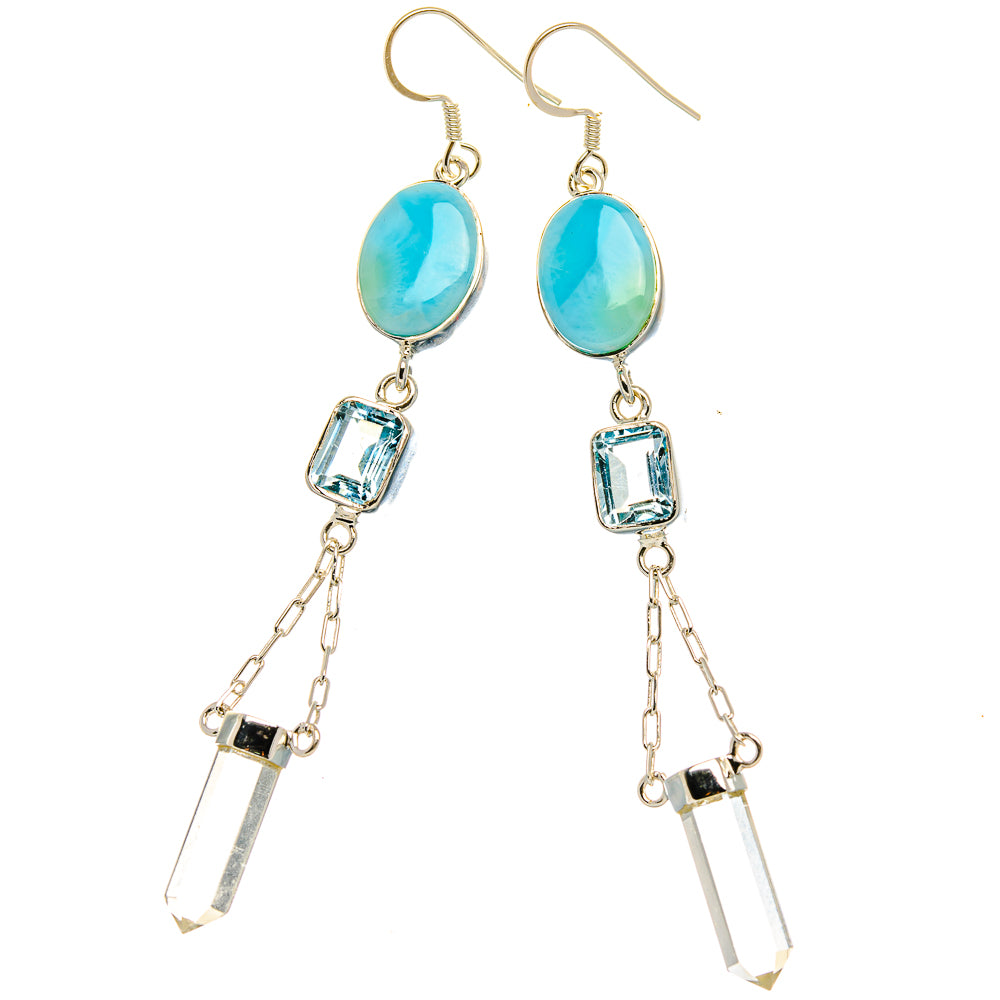 Signature Larimar, Blue Topaz, White Quartz Earrings 3 5/8" (925 Sterling Silver) EARR431981
