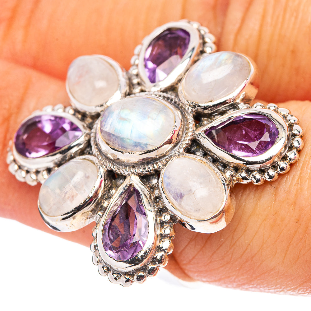Rainbow Moonstone, Amethyst Flower Ring Size 7 (.925 Sterling Silver)