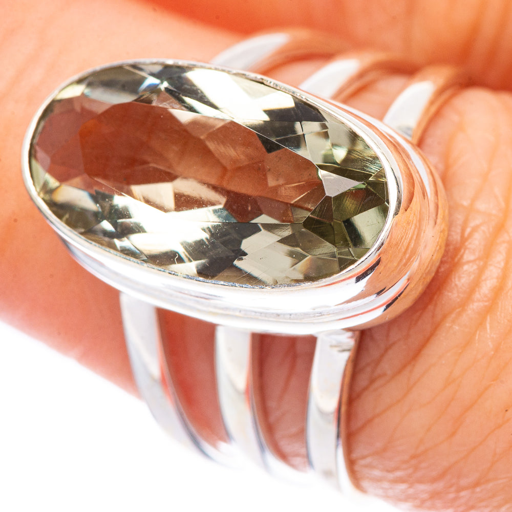Faceted Green Amethyst Ring Size 7.5 (925 Sterling Silver) R1697