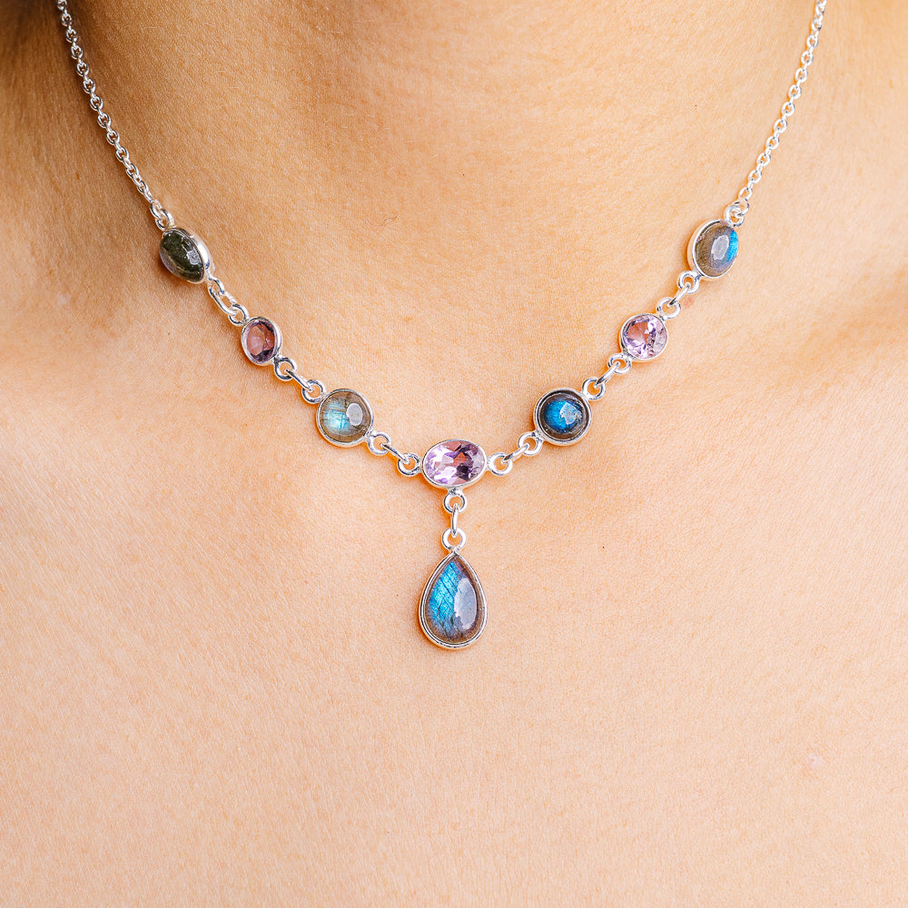 Labradorite, Blue Topaz, Amethyst Necklace 15 to 16" (.925 Sterling Silver)