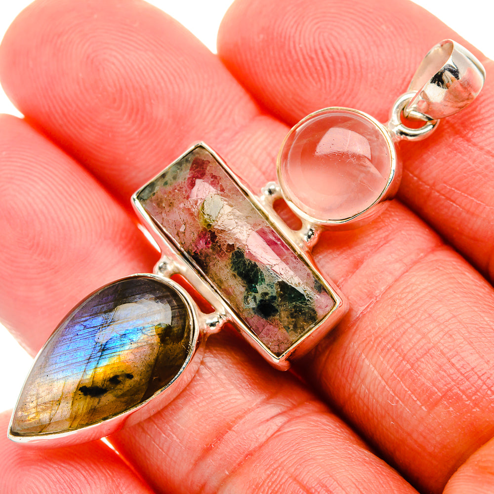 Labradorite, Tourmaline, Rose Quartz Pendant 2 1/4" (925 Sterling Silver) PD38066