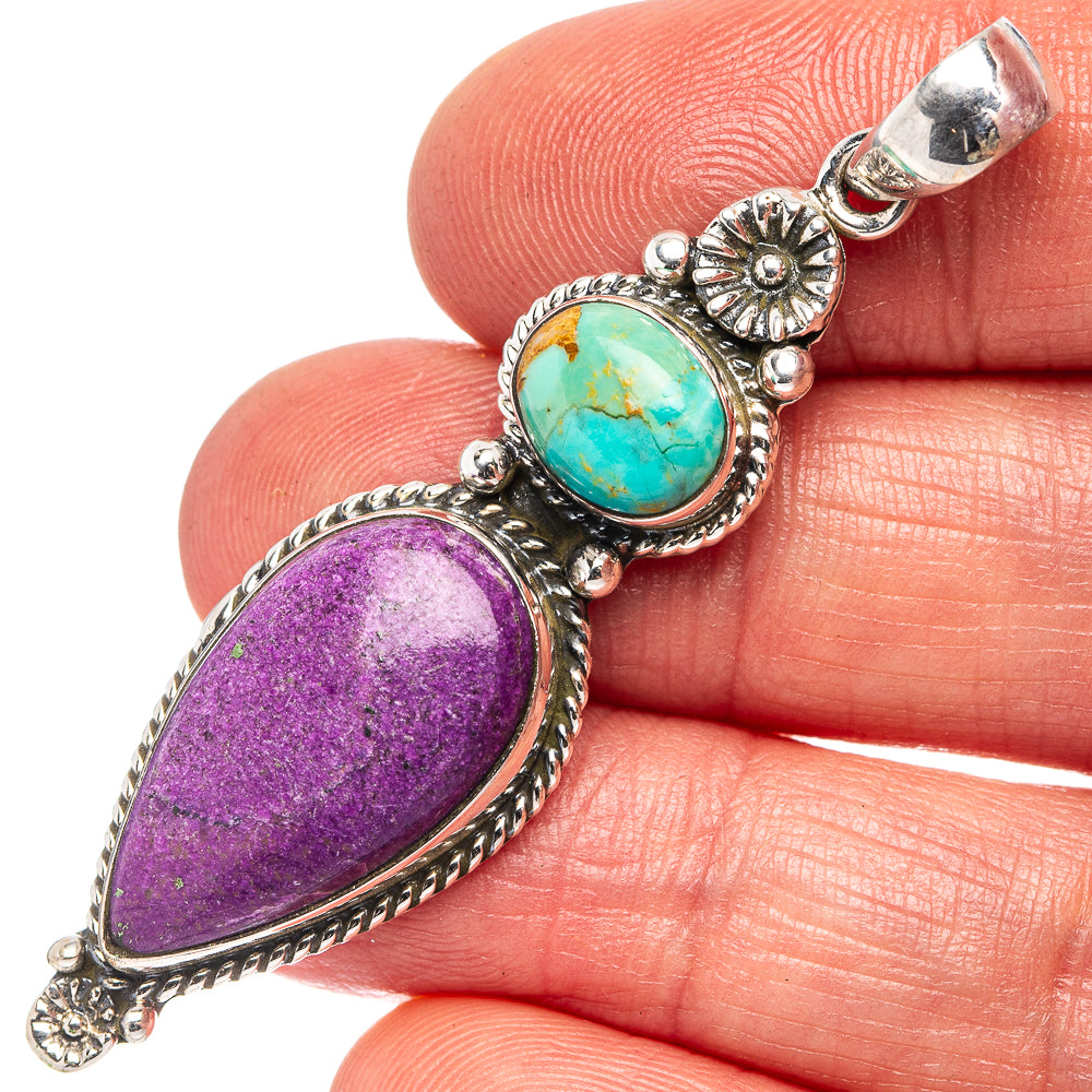 Native Style Stichtite, Mohave Turquoise Pendant 2 1/4" (.925 Sterling Silver)