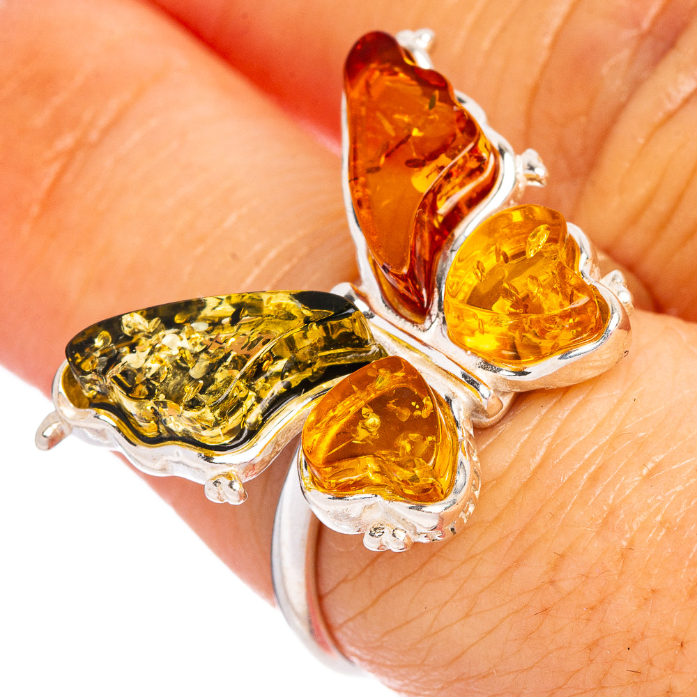 Baltic Amber Butterfly Ring Size 7 Adjustable (.925 Sterling Silver)