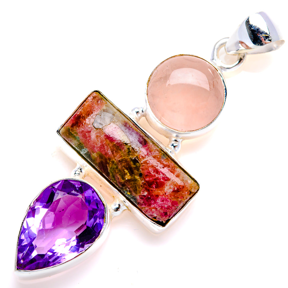 Natural Tourmaline, Amethyst, Rose Quartz Pendant 2" (925 Sterling Silver) PD38125