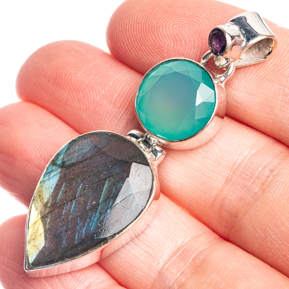 Labradorite, Aqua Chalcedony, Amethyst 925 Sterling Silver Pendant 2"