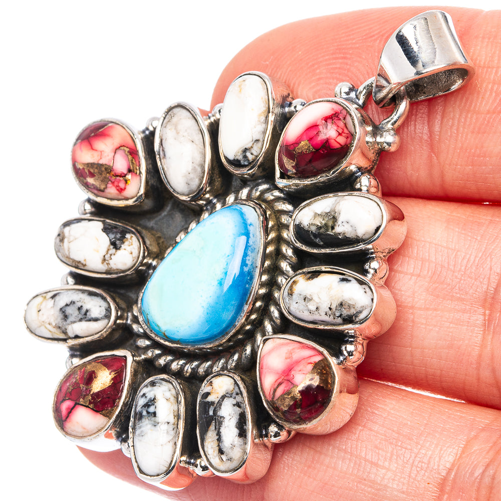 Rare Golden Hills Turquoise, Red Dahlia Mohave Turquoise, Wild Horse Jasper Native Style Pendant 1 7/8" (.925 Sterling Silver)