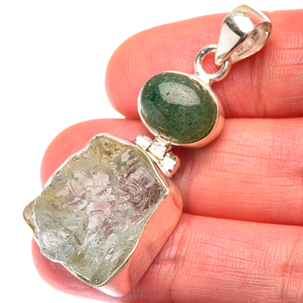 Raw Aquamarine, Green Aventurine Pendant 1 3/4" (925 Sterling Silver) PD38478