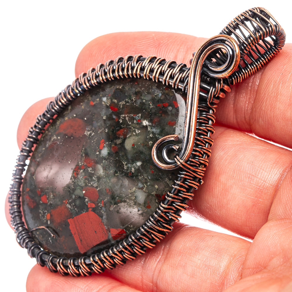 Bloodstone Wire Wrap Pendant 2 5/8" (Oxidized Copper)