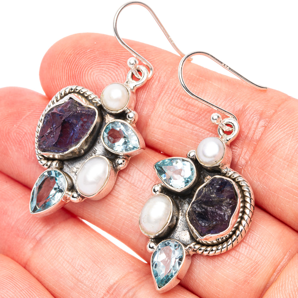 Premium Rough Tanzanite, Blue Topaz, Cultured Pearl Earrings 1 5/8" (925 Sterling Silver) E1290