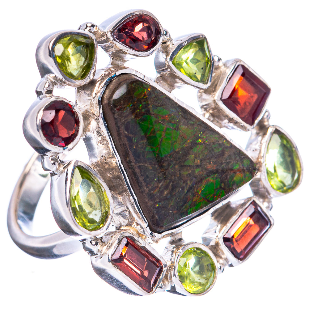 Signature Ammolite, Garnet, Peridot Ring Size 6 (925 Sterling Silver) R3553