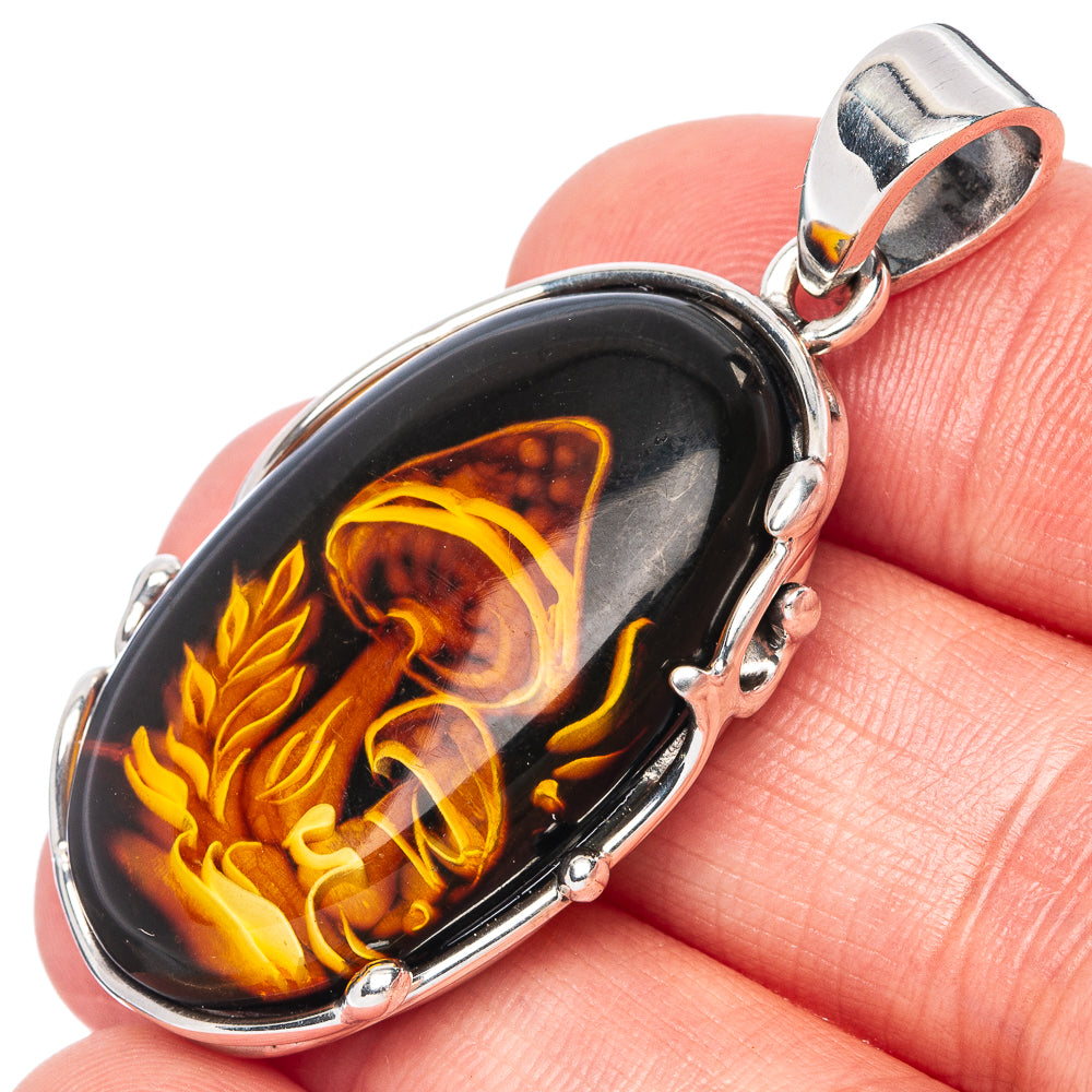 Amber Intaglio Mushroom Pendant 1 3/4" (925 Sterling Silver) P42566