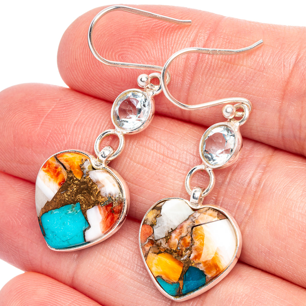 Spiny Oyster Turquoise, Blue Topaz Earrings 1 3/4" (925 Sterling Silver) E433282