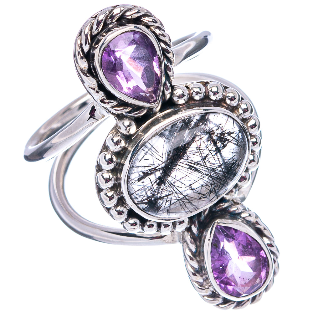 Premium Tourmalinated Quartz, Amethyst Ring Size 5.75 (.925 Sterling Silver)
