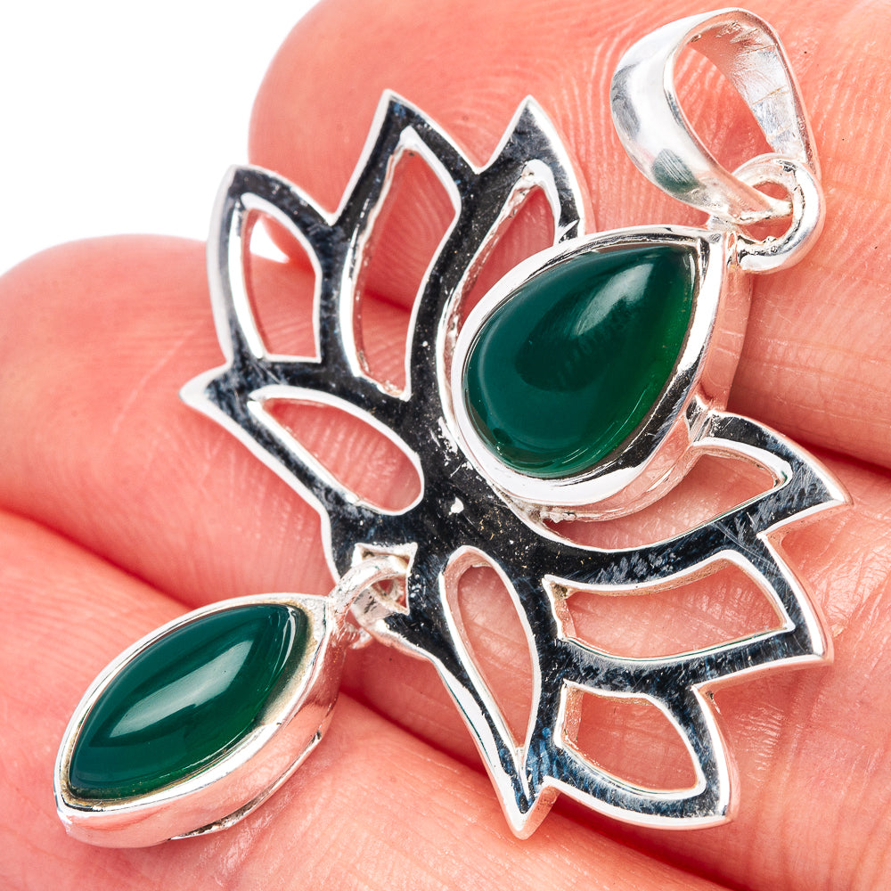 Green Onyx Lotus Dainty Pendant 1 5/8" (925 Sterling Silver) P43568