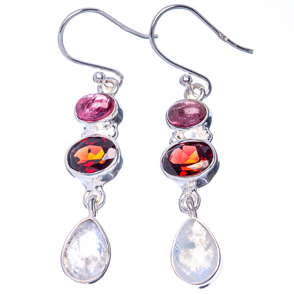 Rainbow Moonstone, Garnet, Pink Tourmaline 925 Sterling Silver Earrings 1 3/4" (925 Sterling Silver) E1431