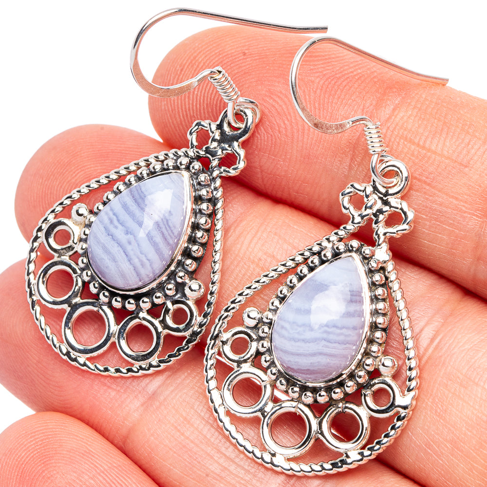 Blue Lace Agate 925 Sterling Silver Premium Earrings 1 5/8" (925 Sterling Silver) E2234