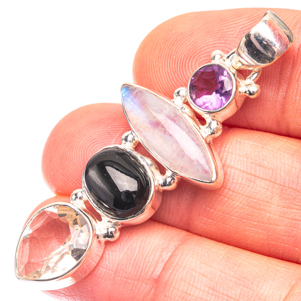 Rainbow Moonstone, White Quartz, Black Onyx, Amethyst Pendant 1 7/8" (925 Sterling Silver) P38700