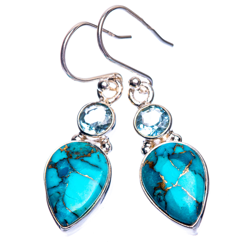Blue Copper Composite Turquoise, Blue Topaz Earrings 1 1/2" (925 Sterling Silver) E432478