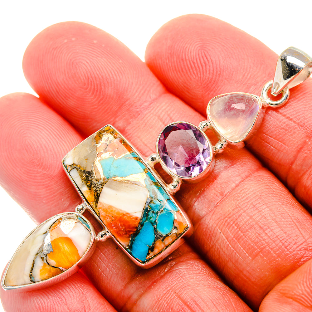 Spiny Oyster Turquoise, Amethyst, Rainbow Moonstone Pendant 2 3/4" (925 Sterling Silver) PD37911