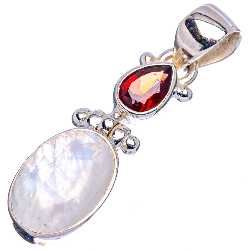 Rainbow Moonstone, Garnet Pendant 1 3/8" (.925 Sterling Silver)