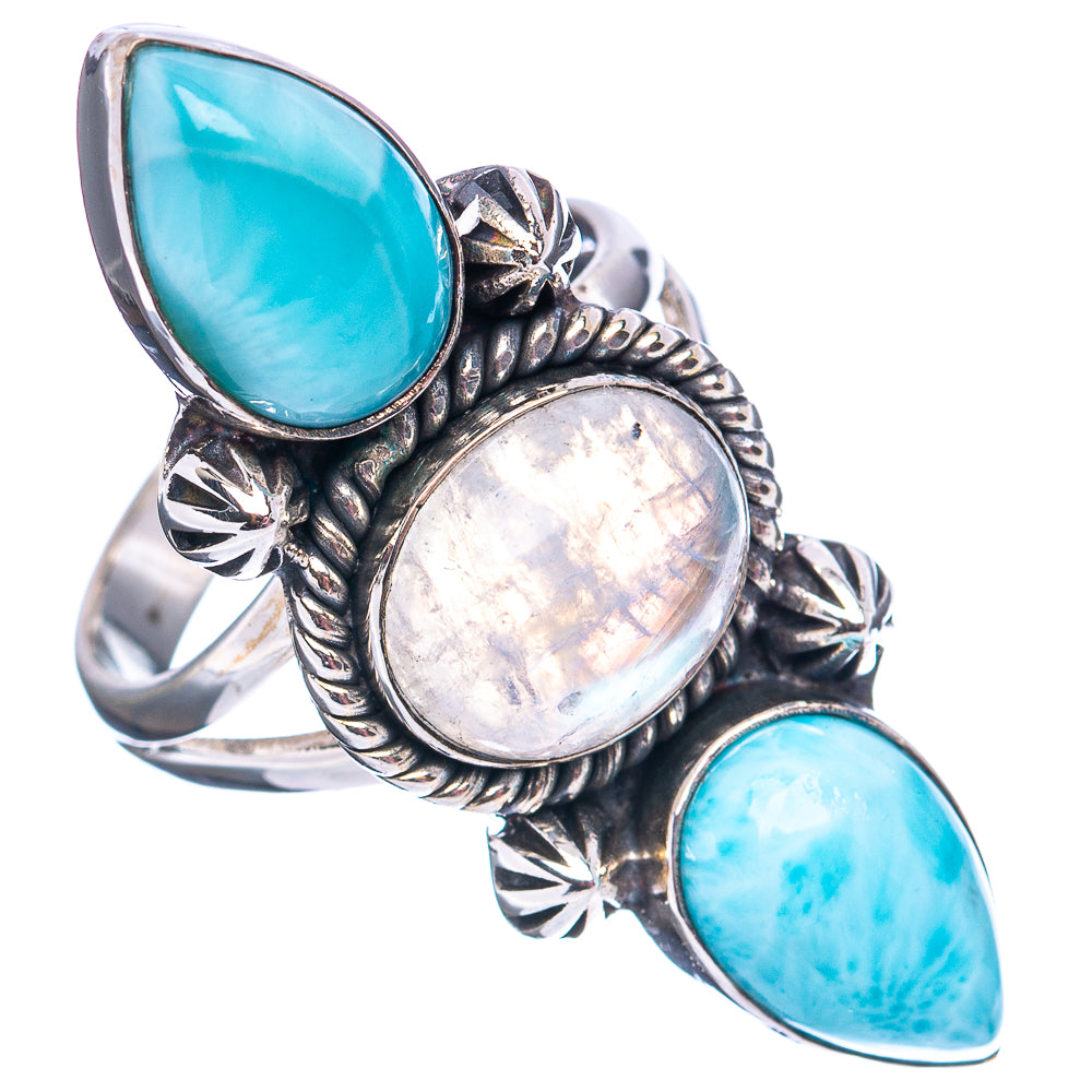 Premium Larimar, Rainbow Moonstone Ring Size 8 (.925 Sterling Silver)