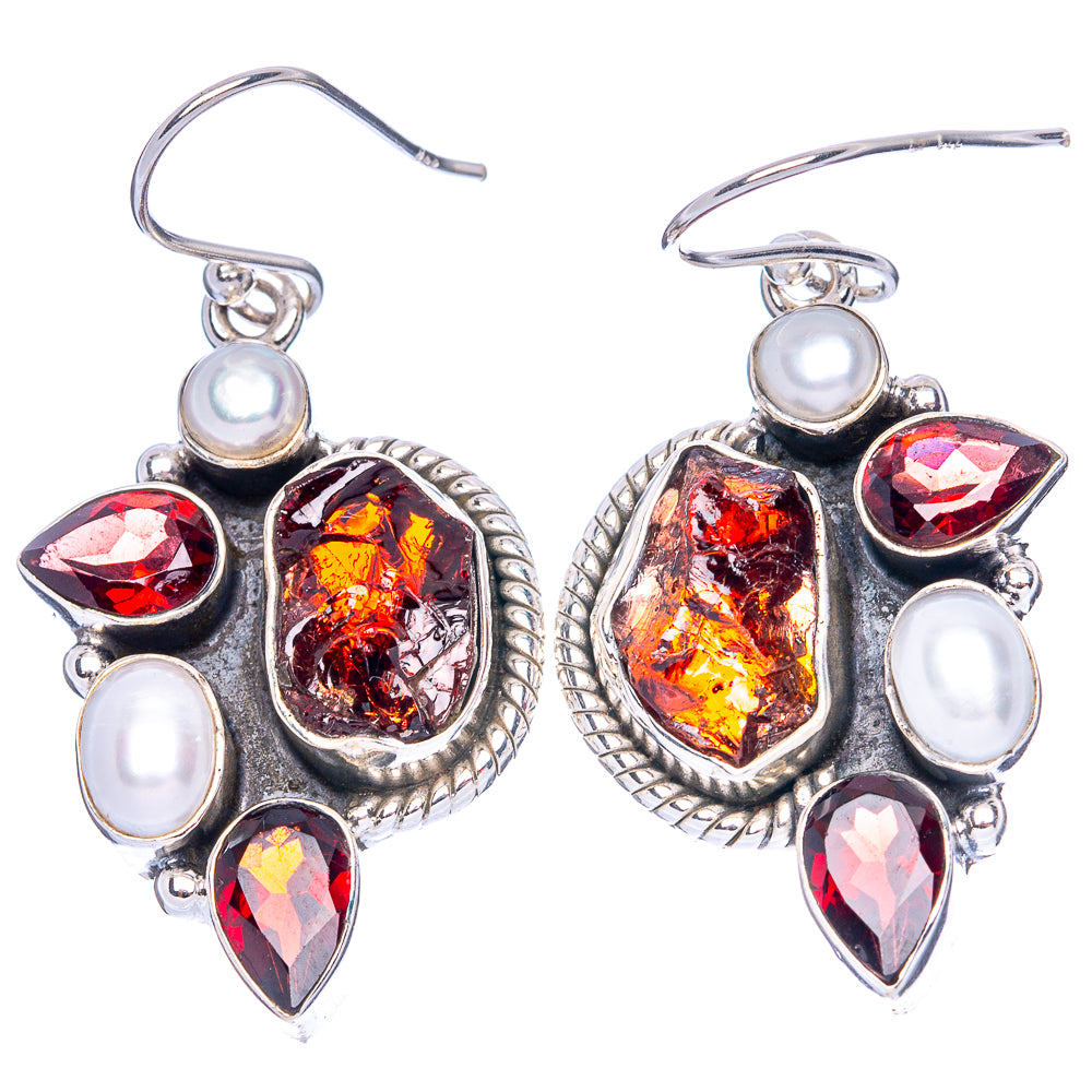 Premium Rough Garnet, Cultured Pearl Earrings 1 5/8" (925 Sterling Silver) E1250