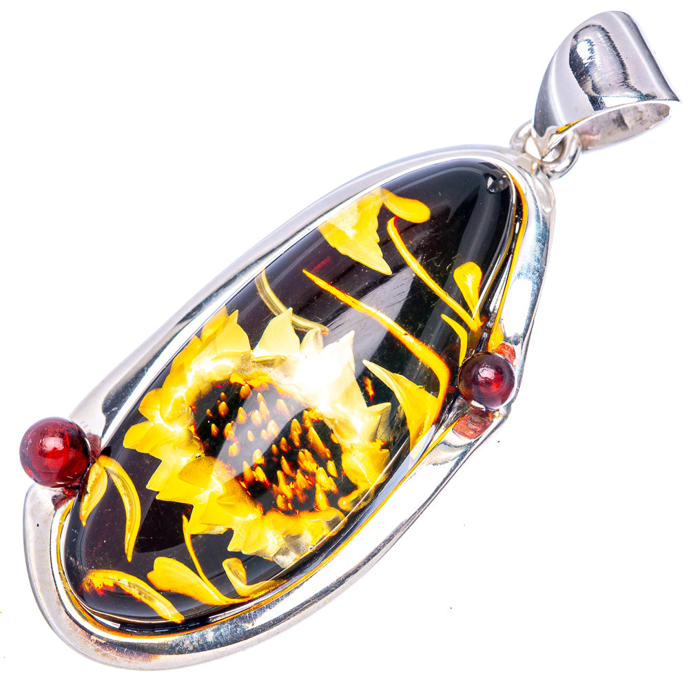 Amber Intaglio Sunflower Pendant 2 1/8" (925 Sterling Silver) P42583