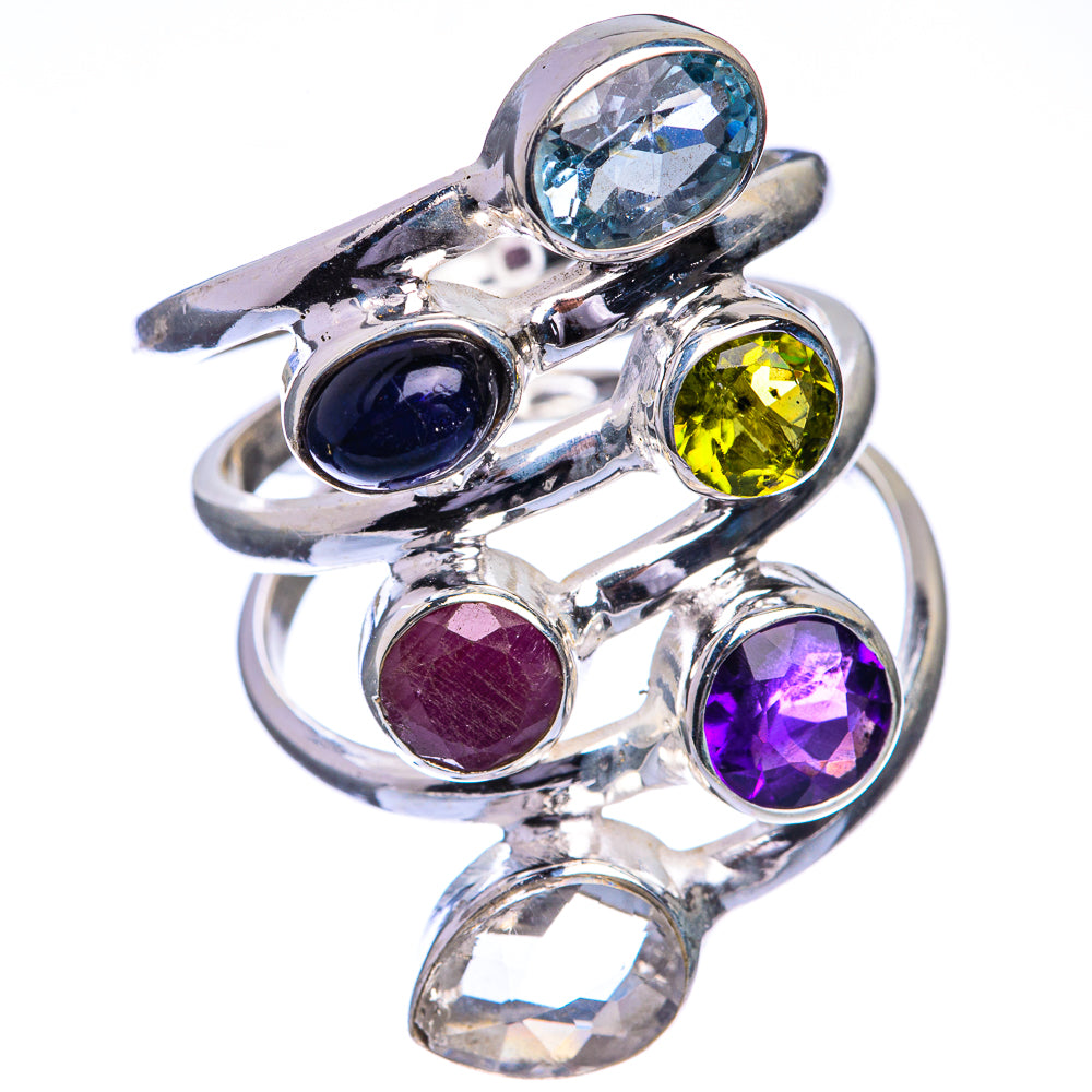 Large Blue Topaz, Tanzanite, Peridot, Ruby, Amethyst, White Quartz Ring Size 8 (925 Sterling Silver) RING143363
