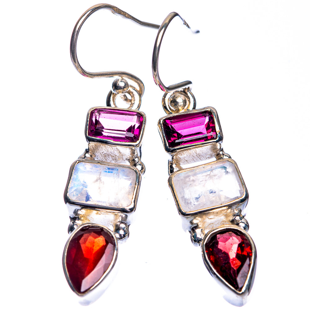 Rainbow Moonstone, Garnet Earrings 1 1/2" (925 Sterling Silver) E432739