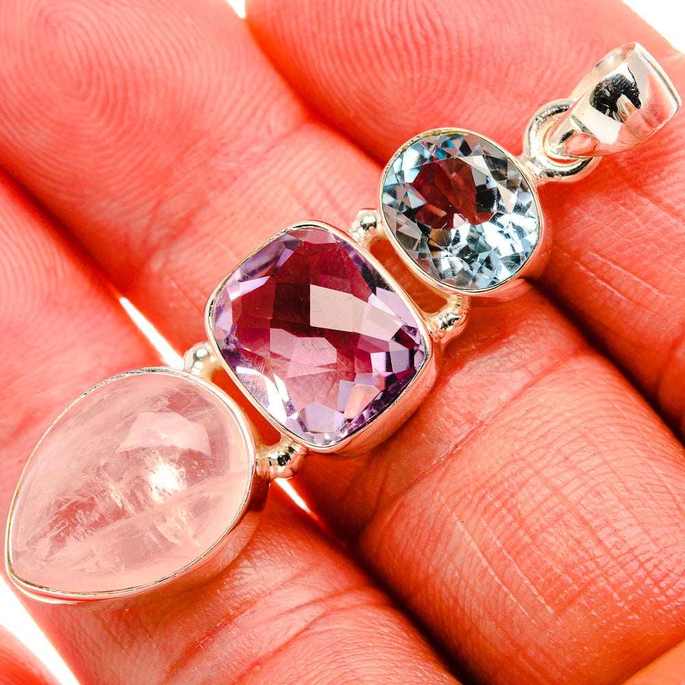 Rose Quartz, Amethyst, Blue Topaz Pendant 2" (925 Sterling Silver) PD37931
