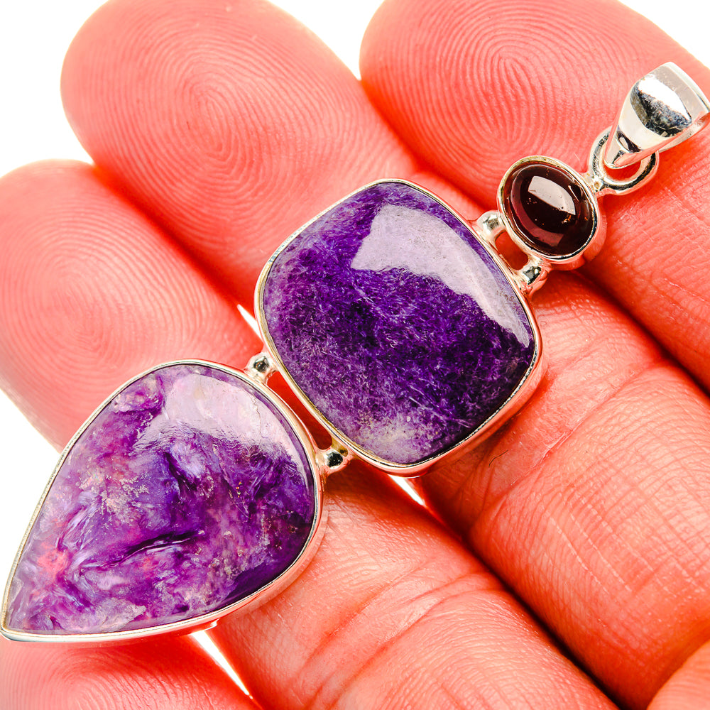 Charoite, Garnet Pendant 2 1/2" (925 Sterling Silver) PD37996