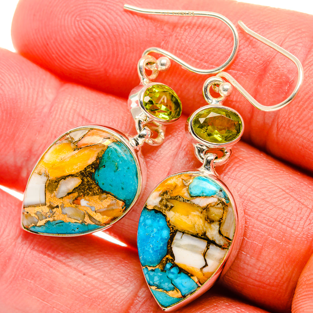 Spiny Oyster Turquoise, Peridot Earrings 1 3/4" (925 Sterling Silver) EARR432021