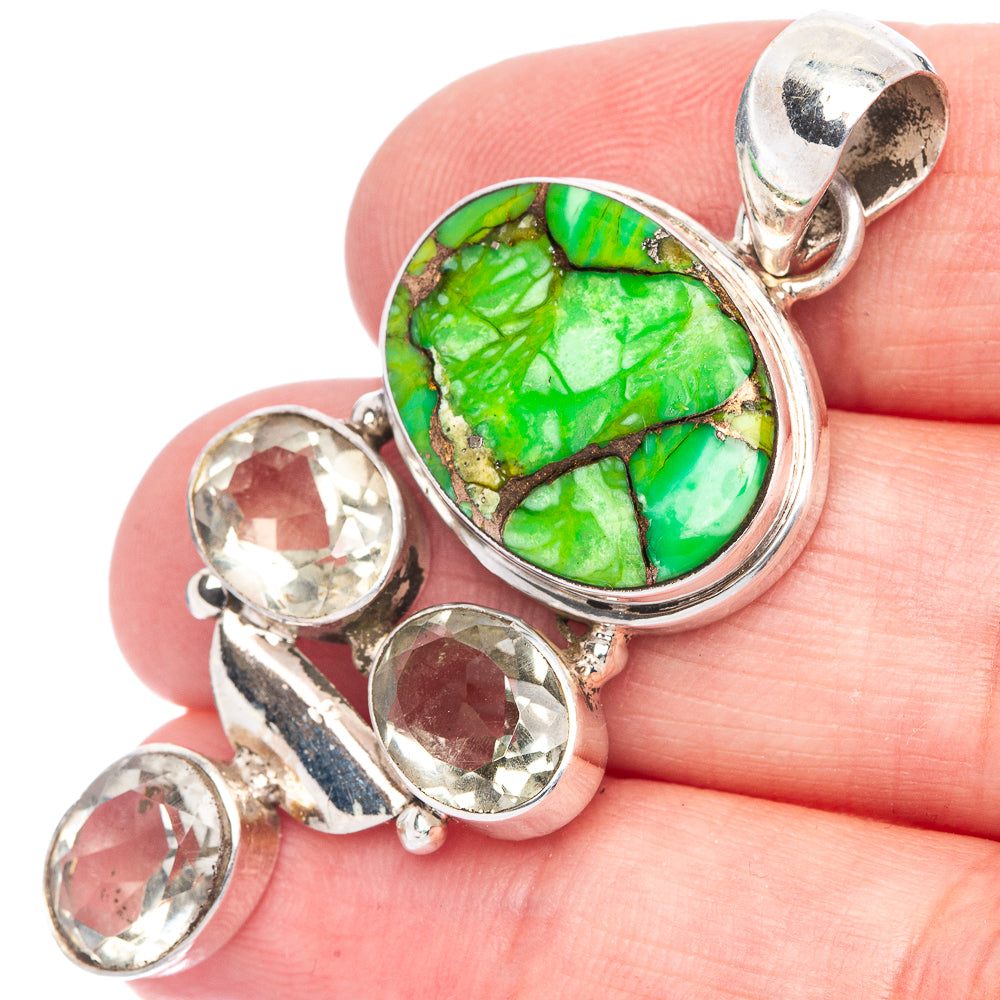 Green Copper Composite Turquoise, White Quartz Pendant 2 1/8" (925 Sterling Silver) P40071
