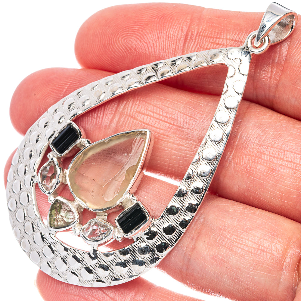 Signature Libyan Desert Glass, Black Tourmaline, Herkimer Diamond, Moldavite Pendant 2 5/8" (925 Sterling Silver) P42289