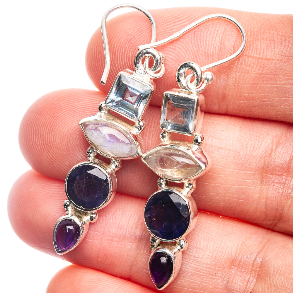 Rainbow Moonstone, Tanzanite, Blue Topaz, Amethyst Earrings 1 7/8" (925 Sterling Silver) E432545