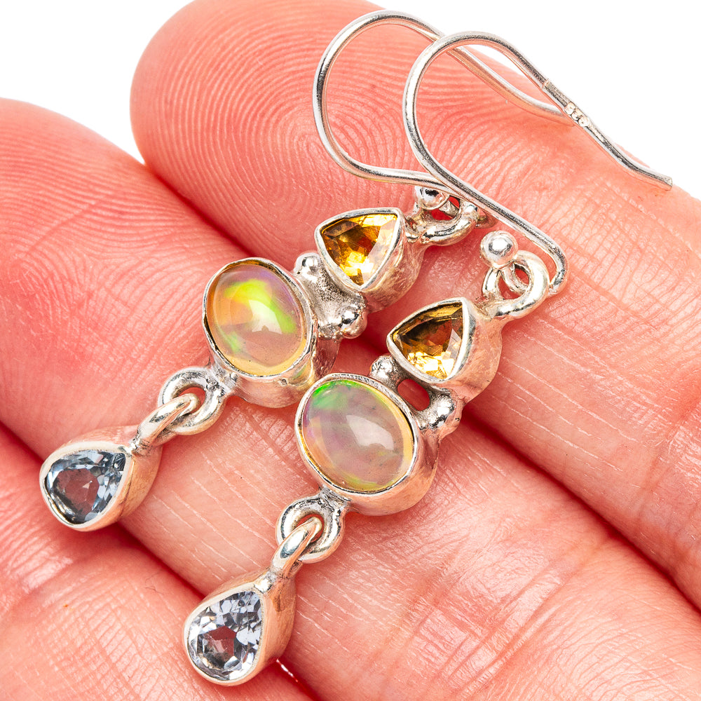 Rare Ethiopian Opal, Blue Topaz, Citrine Earrings 1 5/8" (925 Sterling Silver) E1796