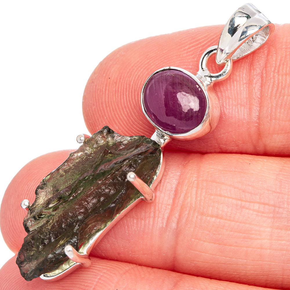 Rare Czech Moldavite, Amethyst Pendant 1 5/8" (925 Sterling Silver) P40288