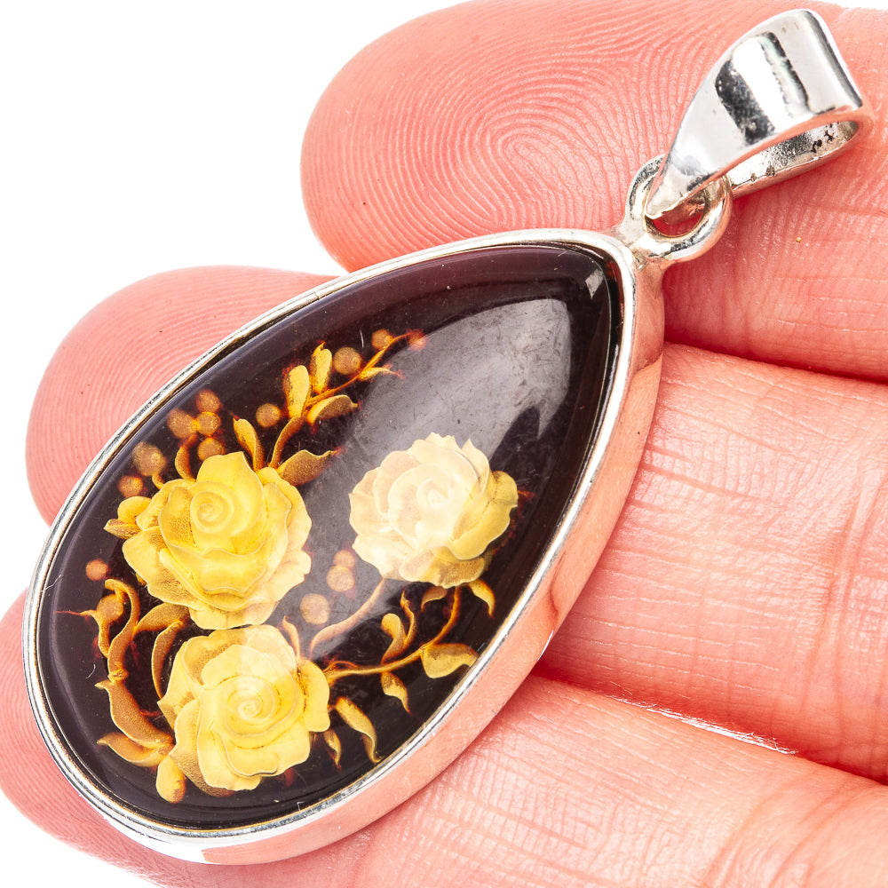 Amber Intaglio Rose Pendant 1 3/4" (925 Sterling Silver) P42564