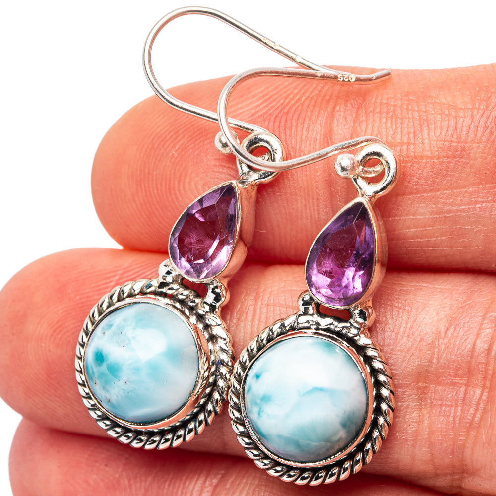 Rare Larimar, Amethyst Earrings 1 1/2" (.925 Sterling Silver)