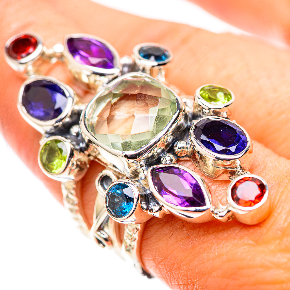 Signature Large Faceted Green Amethyst, Tanzanite, Amethyst, Garnet, Peridot, Blue Quartz Ring Size 8 (925 Sterling Silver) RING138167