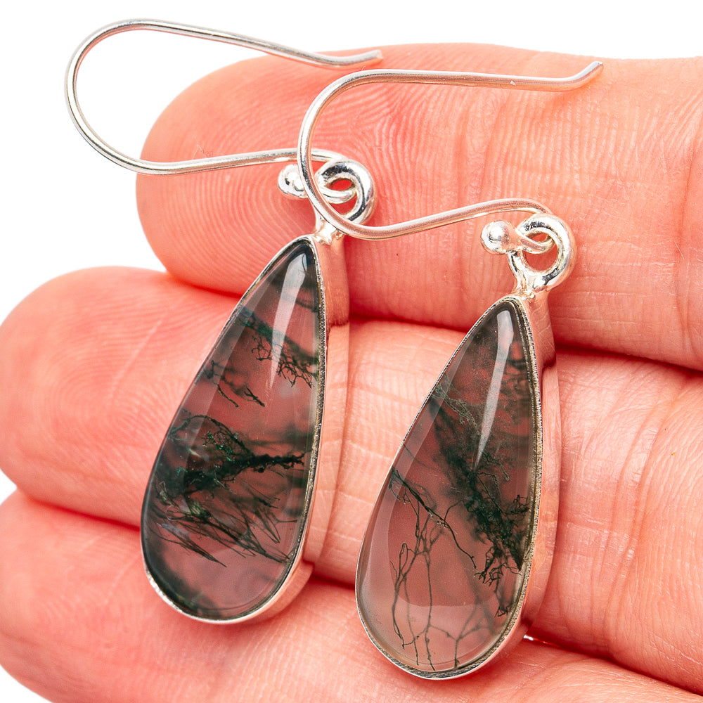 Green Moss Agate Earrings 1 5/8" (.925 Sterling Silver)