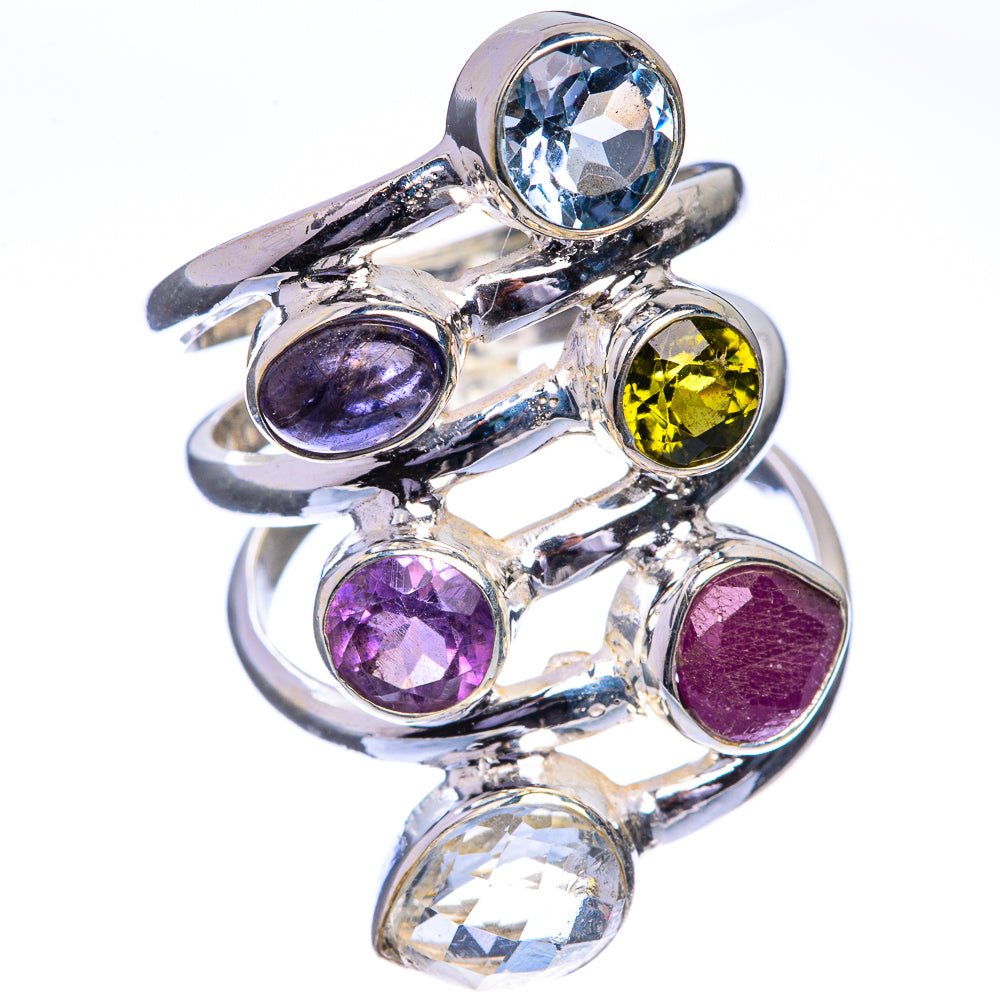 Large Blue Topaz, Tanzanite, Peridot, Amethyst, Ruby, White Quartz Ring Size 6.75 (925 Sterling Silver) RING143351
