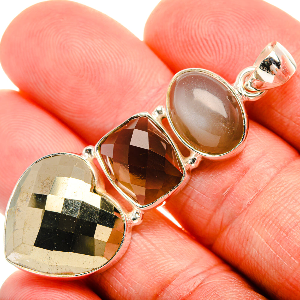 Pyrite, Smoky Quartz, Moonstone 925 Sterling Silver Pendant 2" (925 Sterling Silver) PD38343