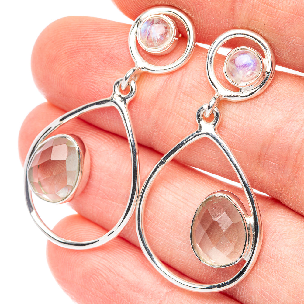 Premium Prehnite, Rainbow Moonstone Earrings 1 1/2" (925 Sterling Silver) E2515